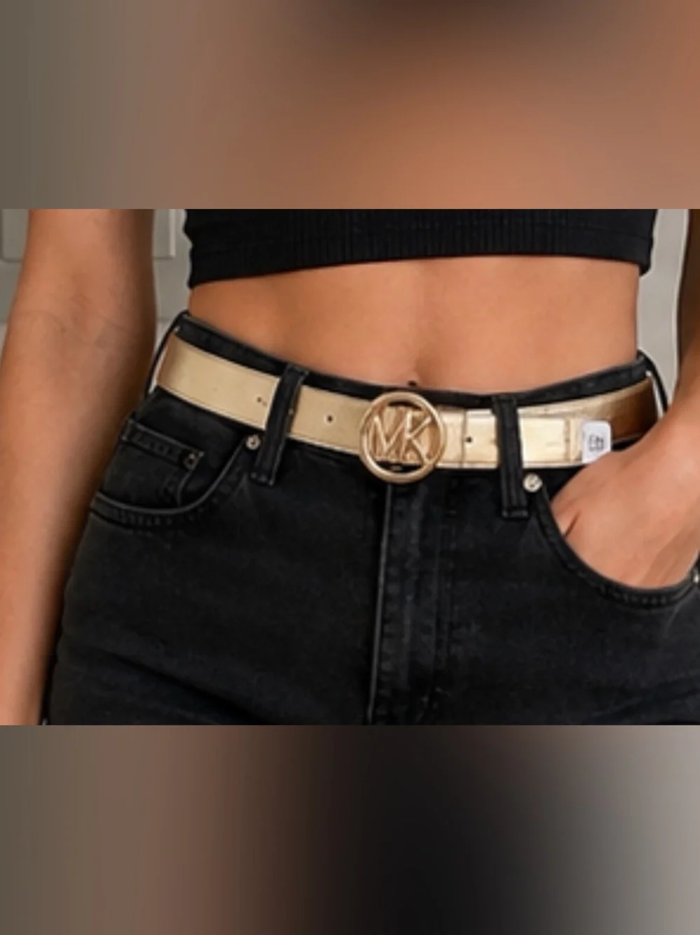 Michael Kors gold  Leather Belt with Gold and silver MK Round Buckle